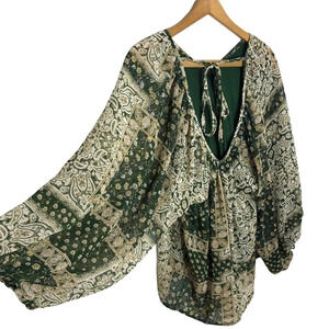 ENTRO Paisley Print Patchwork Boho Flowy Wide Balloon Sleeve V Neck Blouse